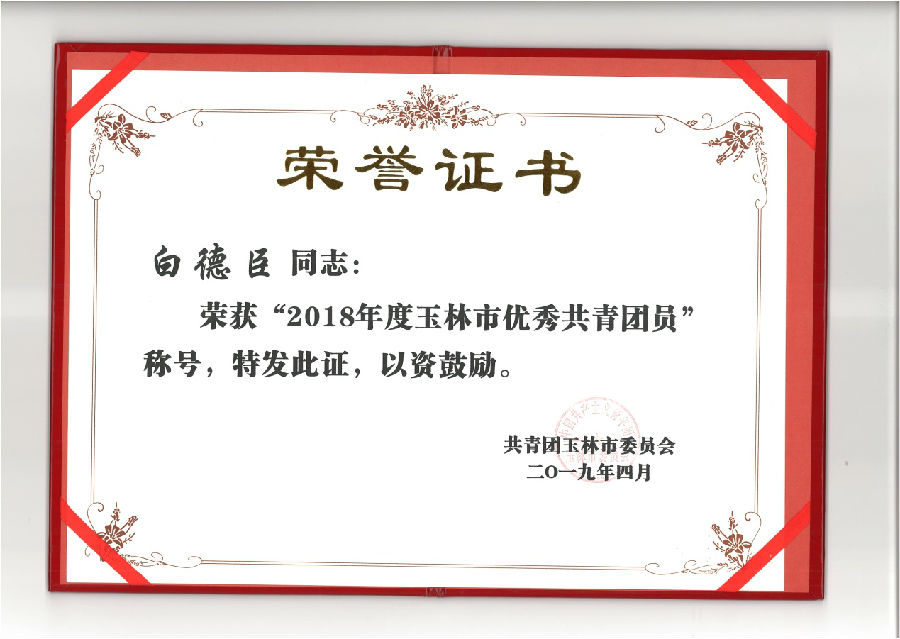 广西j9游会真人游戏第一品牌白德臣荣获“玉林市优秀共青团员”称号